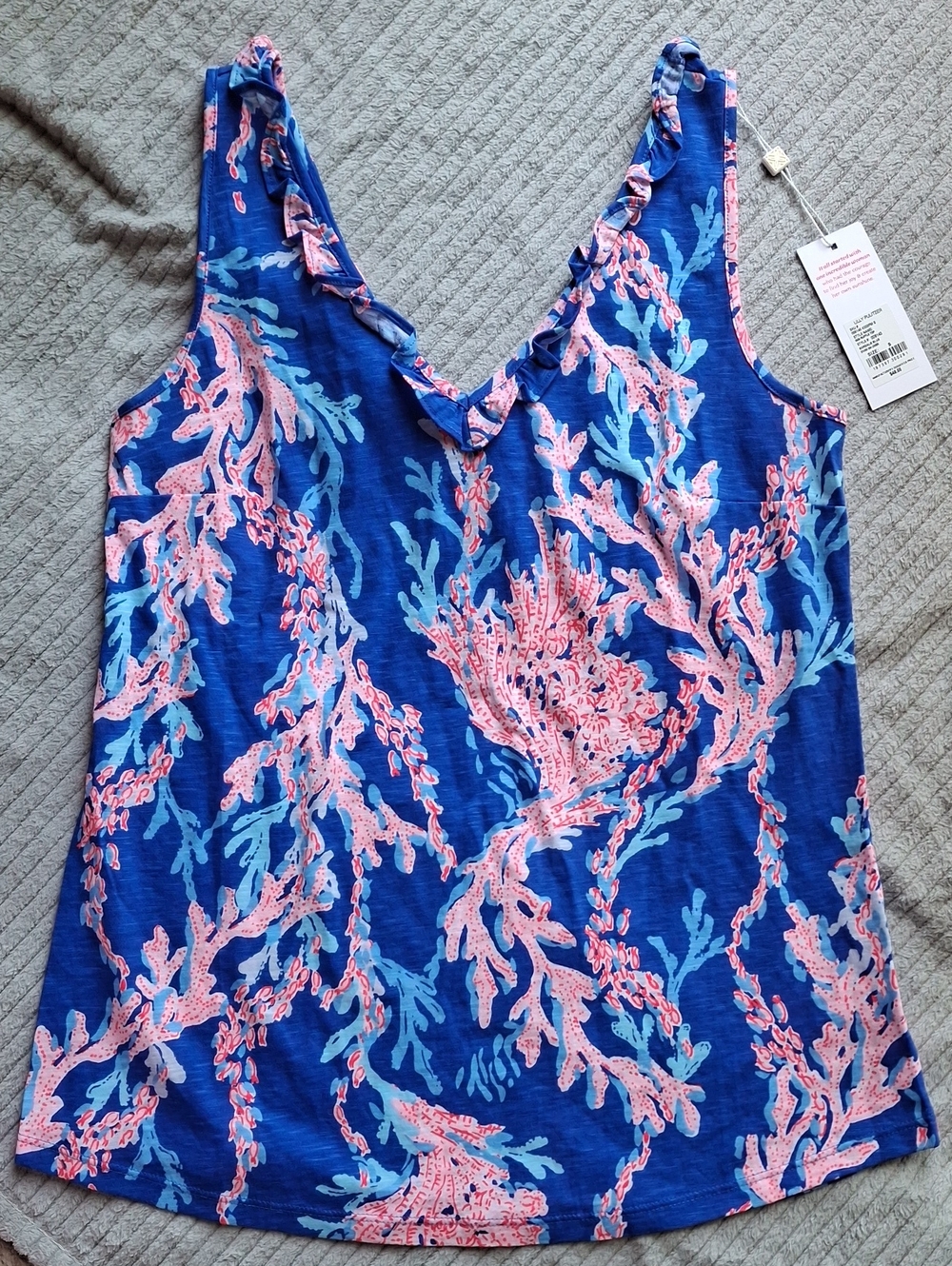 Lilly Pulitzer Blue Coral Print Ruffle V-Neck Tank